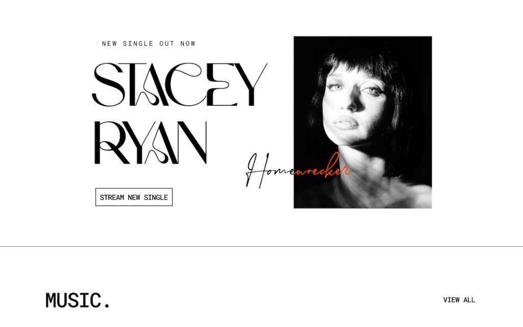 A screenshot of Stacey Ryan's home page. "Stacey Ryan" in creative, script font and a black and white image of Stacey.
