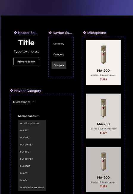 Mojave Audio design systems showing a selection of font sizes and styles, colors, and aesthetics features like rounded vs hard corners, spacing between elements, etc.