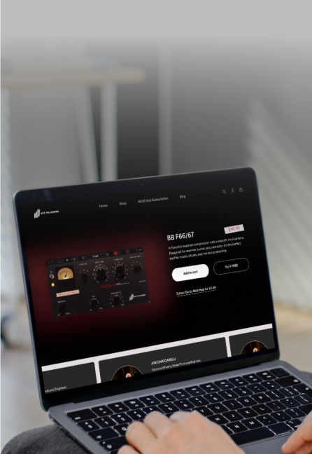 E-Commerce landing page for KIT Plugins Blackbird Collection. A GUI of a Fairchild compressor/limiter and the words BB F66/67 Fairchild Compressor/Limiter. A small paragraph of text and a CTA button
