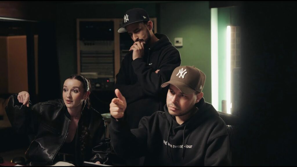 Artist Stacey Ryan in the studio with producer James Morales and Matt Morales.